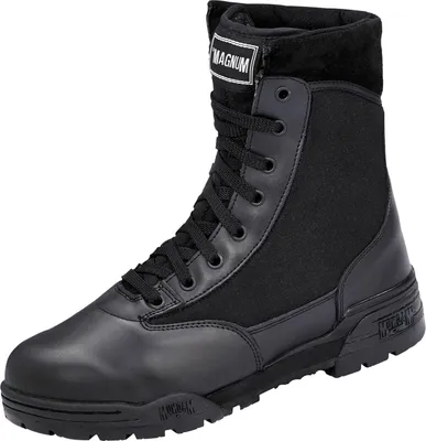 Produktbild von HI-TEC Sicherheitsschuhe Magnum Classic, schwarz, Größe 43, klassischer High-Cut Einsatzstiefel, aus Leder, Mesh, Gummi, Synthetik, EVA, Textil, herausnehmbares Fußbett, Stahl-Shank, rutschhemmend, atmungsaktiv, stoßdämpfend, Schnürverschluss, für Beruf, Freizeit, Sicherheit, Polizei und Militär, fällt groß und breit aus