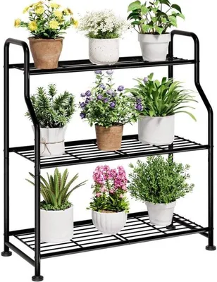 Image de Support pour plantes - Étagère à fleurs - 3 niveaux en métal - 68,6 x 29 x 74,4 cm - Noir