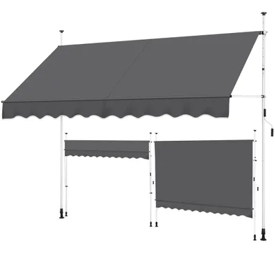 Three grey awnings of different sizes are displayed against a white background, supported by white poles.