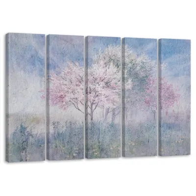 Produktbild von 5-teiliges leinwandbild blühender baum auf der wiese alt verblasst 100x70 cm Feeby lila wandbild bereit zum aufhängen