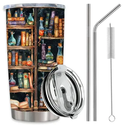 Produktbild von Edelstahl Thermobecher 20OZ für Bücherliebhaber mit 2 Strohhalmen & Bürste