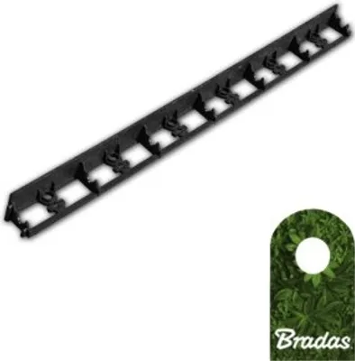 A black plastic lawn edging strip with multiple clips, shown diagonally on a white background. A small circular graphic with green grass and the text 'Bradas' is in the bottom right corner.
