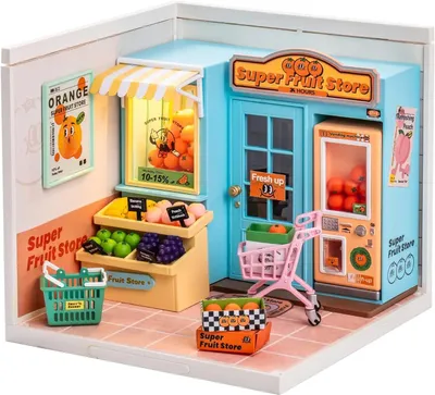Produktbild von Miniaturhaus-Bausatz - BTDW003 - DIY aus Holz - Obstladen und Café - Maßstab 1:20 - LED-Beleuchtung - 16 x 16 x 15 cm