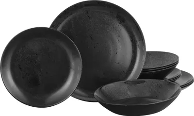 A set of black dinnerware, including plates and bowls, is arranged on a white background.