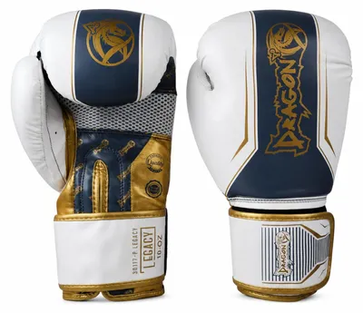 Obrázok produktu pre Dragon Legacy: Profesionálne boxerské a kickboxerské rukavice, 10-12-14-16 oz, vyrobené z kvalitnej syntetickej kože, čierno-biele. Ergonomická ochrana vhodná pre Muay Thai, MMA a sparing, dámske a pánske. (Biele, 12 oz)