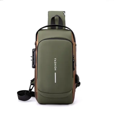Produktbild von Brusttasche Herren Sling Bag,Passwortschutz Anti-Diebstahl Crossbody Bag,Umhängetasche Outdoor Wasserdicht Lässige Herrentasche,mit USB-Ladeanschluss (Grün und Braun)