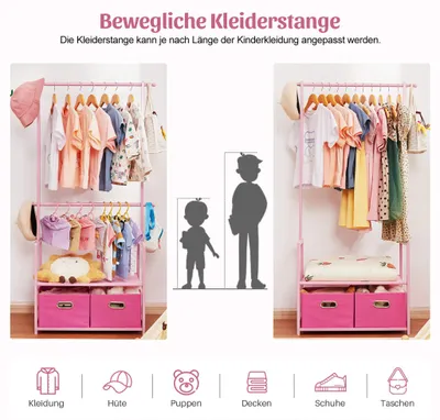 Image de Porte-vêtements pour enfants en bambou, avec 2 barres réglables, de couleur rose, idéal pour les chambres d'enfants