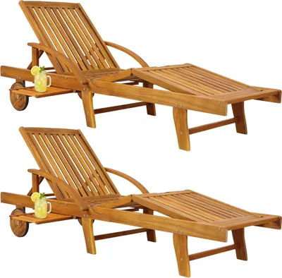 Immagine prodotto di Sdraio regolabile in legno di acacia - Pieghevole e resistente fino a 160 kg, con tavolino integrato e rotelle, per giardino, terrazza e balcone