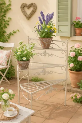 A charming outdoor patio scene with a tiered plant stand as the focal point, adorned with various potted plants.