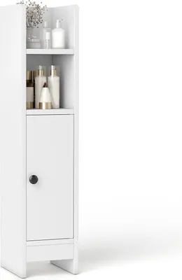 Image de Armoire de salle de bain étroite - Armoire de toilette avec étagères - Deux compartiments ouverts - Deux étagères amovibles - Bois - Montage nécessaire - Blanc