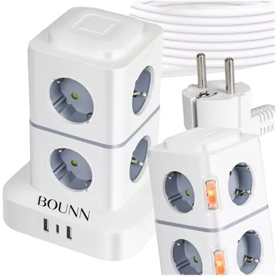 Zdjęcie produktu dla Listwa zasilająca Bounn z ochroną przeciwprzepięciową, 11 gniazd, 3 porty USB