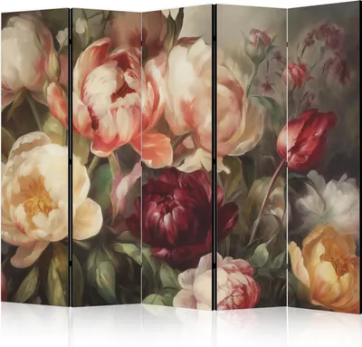 Produktbild von 5-teiliger Einseitiger Vlies Paravent - Blooming Peonies - Charismatic Flowers Bathed in Sunlight 225x172 cm Blumen b-H-10022-z-b
