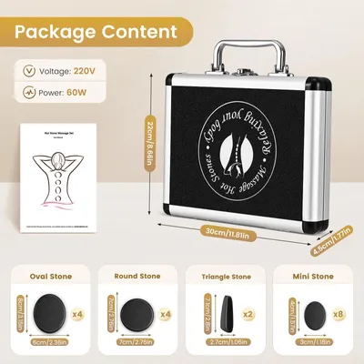 Image de Kit de massage aux pierres chaudes - Ensemble de démarrage pour massage aux pierres - Ensemble de 18 pièces, plusieurs tailles (S/M/L) - Pour le dos - Manuel, sans électricité - Pour une utilisation à domicile et en spa - Relaxation