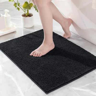 Produktbild von Chenille-Badematte/Fußmatte/Badezimmerteppich, waschbar, saugfähig und rutschfest, für Dusche und Badezimmer, schwarz, 50 x 80 cm