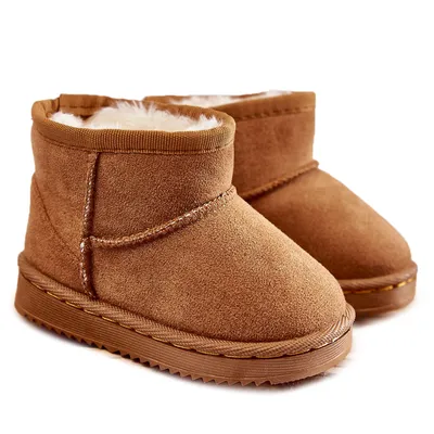 A pair of children's brown winter boots shown from a diagonal angle against a white background.