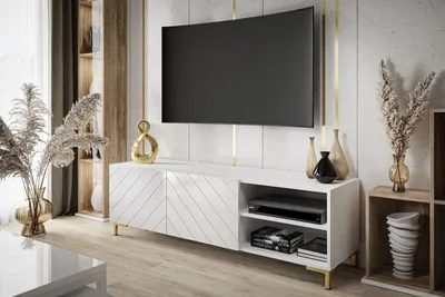 Produktbild von TV - Schrank VIRGINIA weiß Hochglanz Goldfarbene Kunststoffbeine