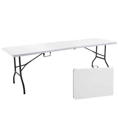 A white folding table and its folded form are shown against a white background.