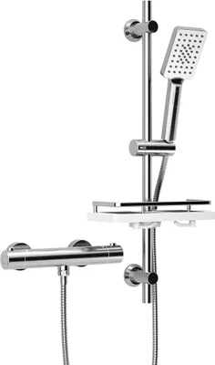 Produktbild von Duschsystem mit Thermostat, Edelstahl Duschset mit Armatur, Chrom | Brausestange Set mit Duscharmatur Komplettset, 3 Strahlarten Duschbrause, Duschstange 70 cm mit XXL Duschablage