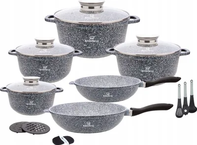 A set of granite-coated cookware and kitchen utensils arranged on a white background.