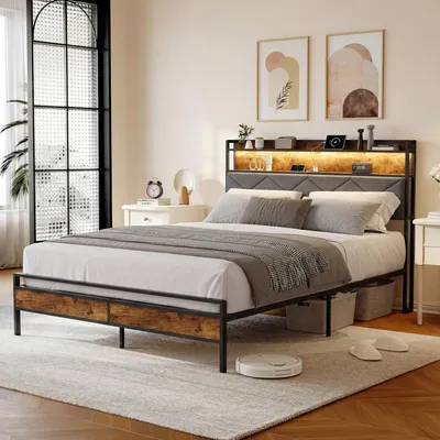 Produktbild von ProximaX Metallbett 140x200 cm Industriestil – LED, Kopfteil mit Stauraum & USB-C, Samtpolsterung, Doppelbett