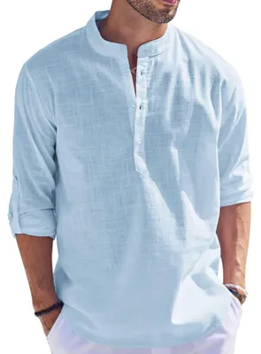 Productafbeelding van Herenhemd van katoen en linnen, model Henley, met lange mouwen