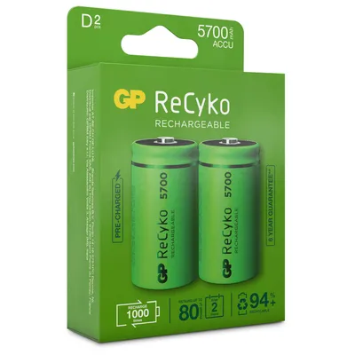 Produktbild von GP Batteries ReCyko, Wiederaufladbarer Akku, D, Nickel-Metallhydrid (NiMH), 1,2 V, 2 Stück(e), 5700 mAh