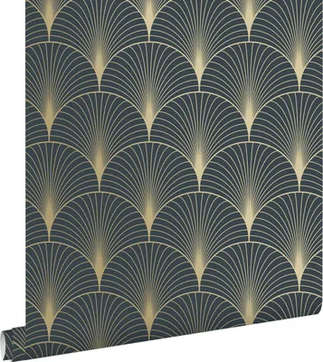 Produktbild von ESTAhome Tapete Art Decó Muster Dunkelblau und Gold 53 cm x 10.05 m