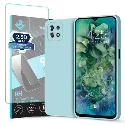 Produktbild von Hülle für Samsung Galaxy A22 5G mit 9H Displayglas Displayschutz Case Cover Bumper Smartphone Softgrip Schutzhülle Farbe: Hellblau