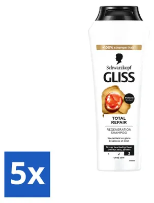 Zdjęcie produktu dla 5 sztuk szamponu Schwarzkopf Gliss Total Repair o pojemności 250 ml, przeznaczony do intensywnej regeneracji włosów - zestaw ekonomiczny