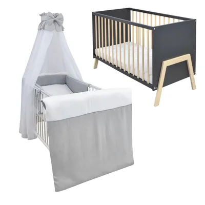 Produktbild von Babybett Kinderbett Gitterbett Juna 60x120 Anthrazit Schutzgitter Matratze Bettwäsche Set 10tlg  Waffelpique Musselin Grau