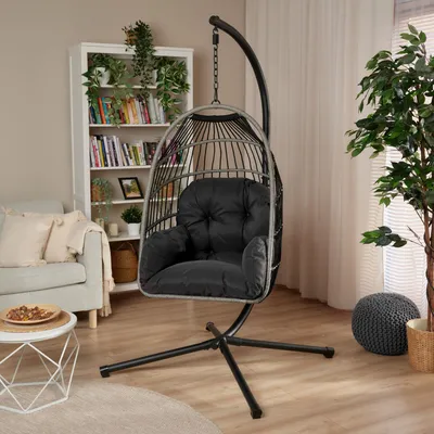 Produktbild von di volio Hängesessel mit Gestell Beluno graphite, Hängestuhl für Indoor & Outdoor, inkl. Kissen, bis 150 kg belastbar, Hängeschaukel ideal für Garten, Terrasse und Balkon