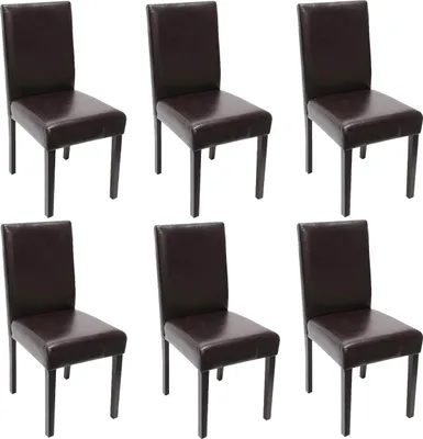 Six brown dining chairs are arranged in two rows of three against a white background.