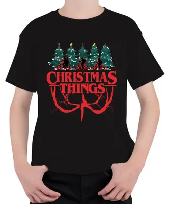 Produktbild von CHRISTMAS THINGS Stranger Weihnachten Demogorgon Kinder Retro Uni Kinder T-Shirt, Schwarz, 140