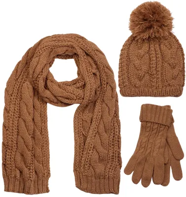 Produktbild von styleBREAKER Schal, Mütze und Handschuh Set, Zopfmuster Strickschal mit Bommelmütze und Handschuhe, Damen 01018208