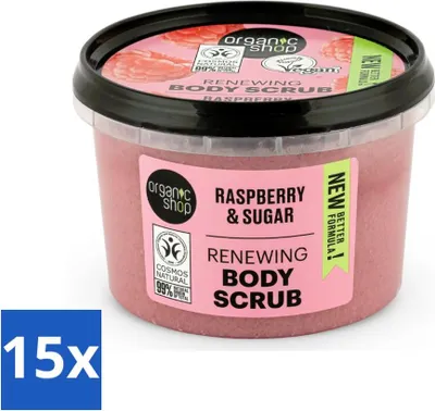 Obrázek produktu pro Organic Shop - Organický malinový cukrový tělový peeling - osvěžující a exfoliační - 250 ml - hodnotné balení - 15 kusů
