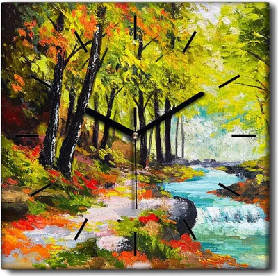 Produktbild von Coloray Uhr auf Leinwand 30x30 cm Wand Uhr Dekoration Wohnzimmer Segeltuch schwarze Hände -Flussherbstwaldbaum