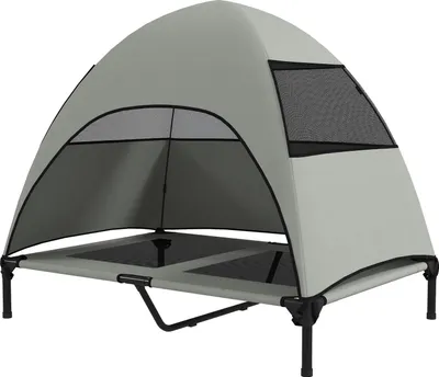 Produktbild von Hundeliege Outdoor mit Dach, Erhöhtes Hundebett für Große Hunde, Kühlendes Haustierliege mit Waschbares Mesh Metallrahmen Tragtasche, Haustierbett für Draußen Camping 106x76x99cm, Hellgrau |