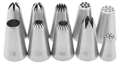 Produktbild von 10-teiliges Spritztüllen-Set aus Edelstahl für Kuchen, Kekse, Dekoration, große, wiederverwendbare Tüllen für Spritzbeutel, künstlerisches Kuchen-Spritzwerkzeug
