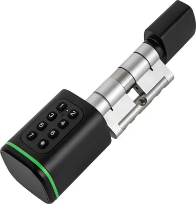 Zdjęcie produktu dla Inteligentny zamek do drzwi – elektroniczny zamek szyfrowy – 4 sposoby otwierania: aplikacja, kod PIN, karta, klucz – do drzwi o grubości 35–45 mm – IP5x – 100 kodów PIN/100 kart – czarny