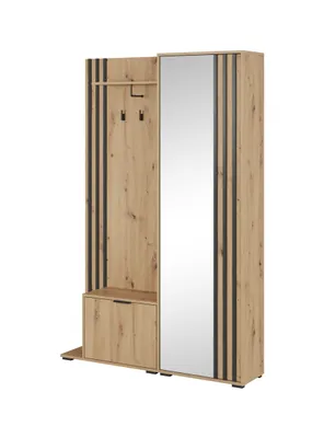 Produktbild von MOEBLO Flurgarderobe JOHN – Kompaktgarderobe ohne Sitzkissen, Dielenschrank mit Spiegel, Schuhschrank, Kleiderhaken und Regal für Flur und Diele 131x197x40 cm - Artisan Schwarz ohne Sitzkissen