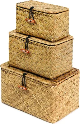 Produktbild von Aufbewahrungskörbe 3er Set, handgeflochtenes Seegras, mit Deckel, S M L, für Küche