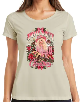 Productafbeelding van Holly Dolly Christmas Country Western Cowgirl Gitaar Nashville Dames T-shirt, naturel, maat L