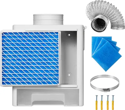 A collection of parts for a dryer vent kit, including a filter, a flexible hose, and mounting hardware, laid out on a white background.