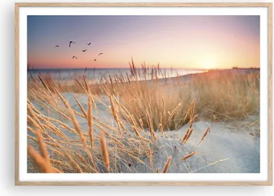 Produktbild von Gerahmtes Poster - Rahmen in heller Eiche - Sonne Vögel Sand - 100x70 cm - Wand Bild - Wanddeko - Wandbilder - Kunstposter - Wandposter - Bilderrahmen - Bilder - Kunstdruck - P2NAA100x70-4810