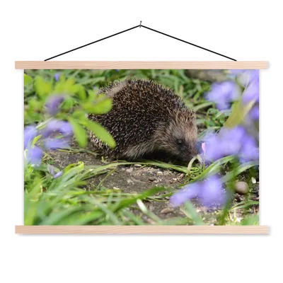 Produktbild von MuchoWow® Textilposter Igel hinter Blumen 120x80 cm mit holzfarbenen Rahmen - Aufhängeset