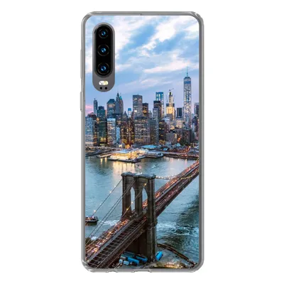 Produktbild von MuchoWow® Handyhülle Schutzhülle Hülle für Huawei P30 New York - Brooklyn Bridge - Boot Silikon Softcase Handy Hülle - Kartenbesitzer