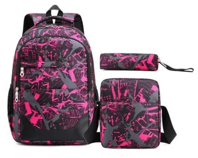 Immagine prodotto di Set di zaino scolastico con astuccio e borsa a tracolla, motivo camouflage, nero/blu/viola, tessuto Oxford
