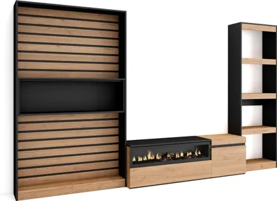 Produktbild von Wohnwand Wohnzimmer, 320x35x186cm, Elektrokamin, Eiche und Schwarz