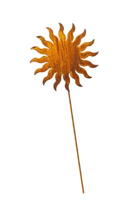 A decorative metal sun stake for a garden.