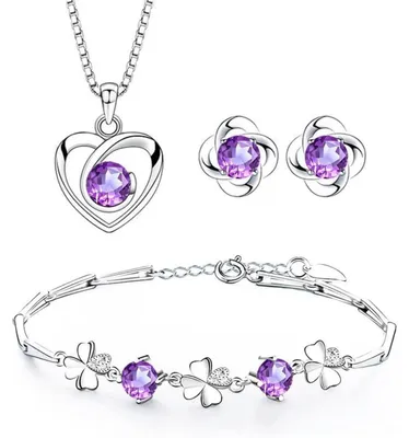 Productafbeelding van Set dames sieraden, zilver 925: hartvormige ketting, klavertje-vier armband en oorbellen met zirkonia, 45 cm